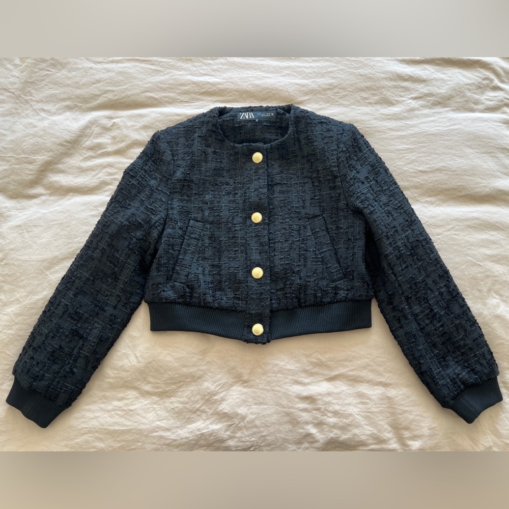 Zara Women's Black Textured Bomber Jacket with Gold Buttons